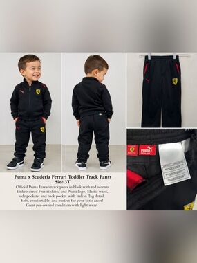 Puma Scuderia Ferrari Toddler 3T Track Pants Black Red Logo Joggers Racing